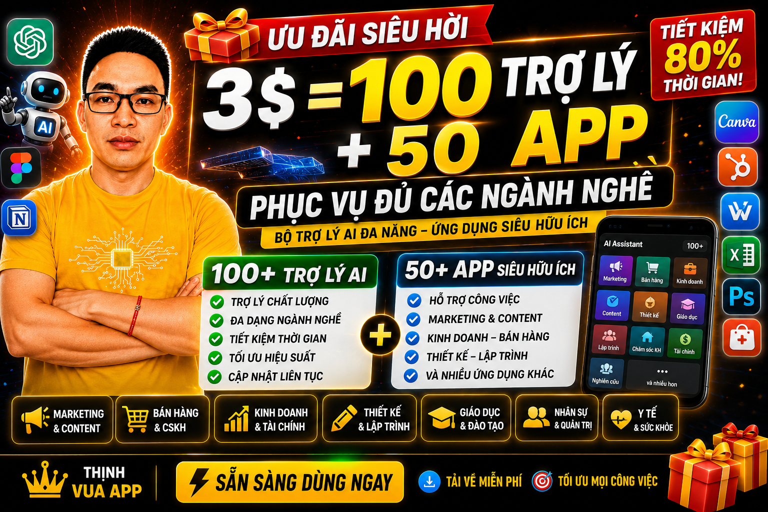 COMBO 100+ TRỢ LÝ AI + 50+ APP CHO ĐỦ CÁC NGÀNH NGHỀ
