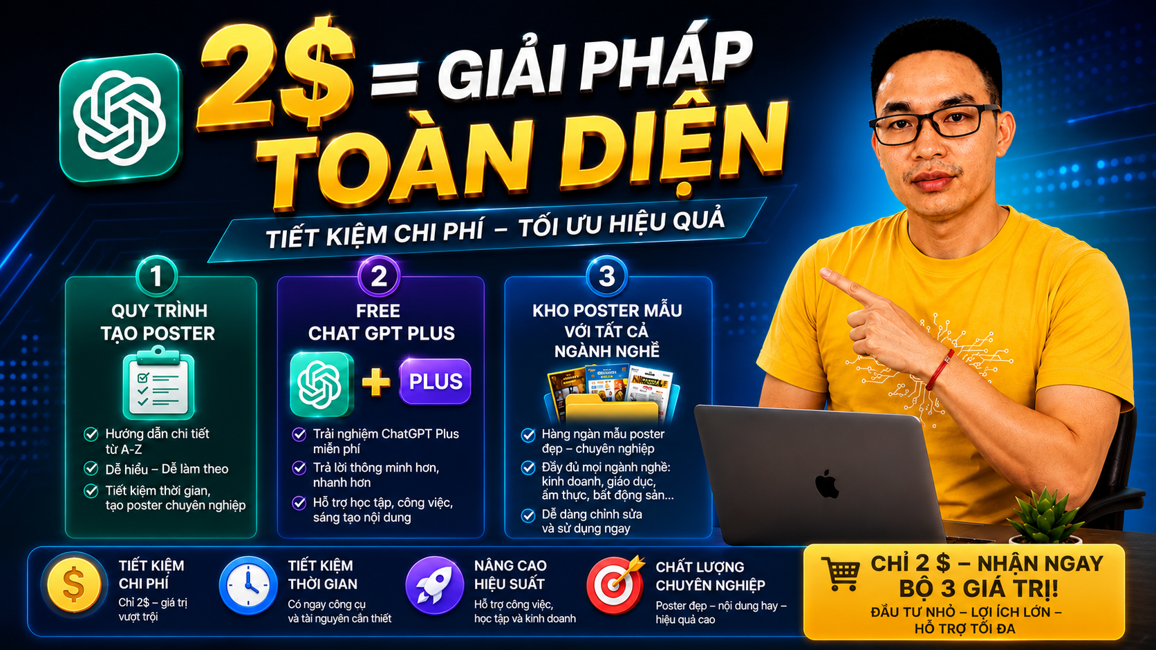 2$ = QUY TRÌNH TẠO POSTER + FREE CHAT GPT PLUS + KHO POSTER MẪU VỚI TẤT CẢ CÁC NGÀNH NGHỀ